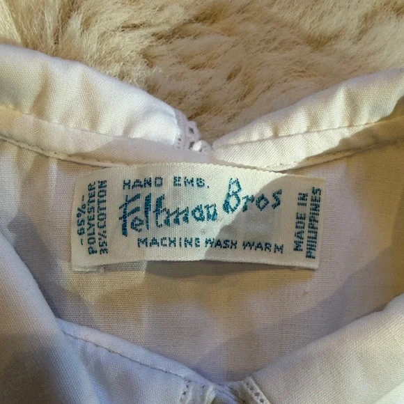 Vintage White Smocked Blue Embroidery Baby Dress with picot trim and sash - Picture 2 of 5